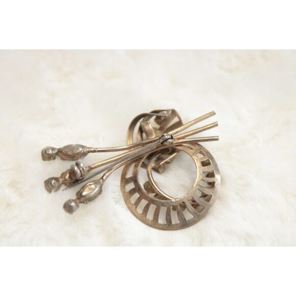 Art Deco Style Silver Tone Brooch Green Clear Rhinestones 1960s MCM Wreath - Picture 2 of 7